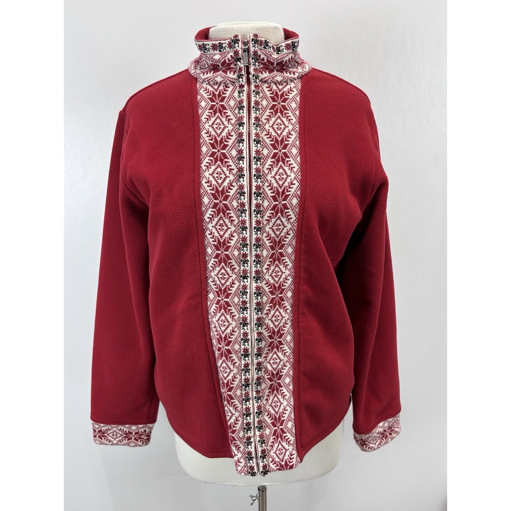 L.L. Bean Fair Isle Fleece Jacket Sz Large Women's Red Full Zip Nordic Pockets